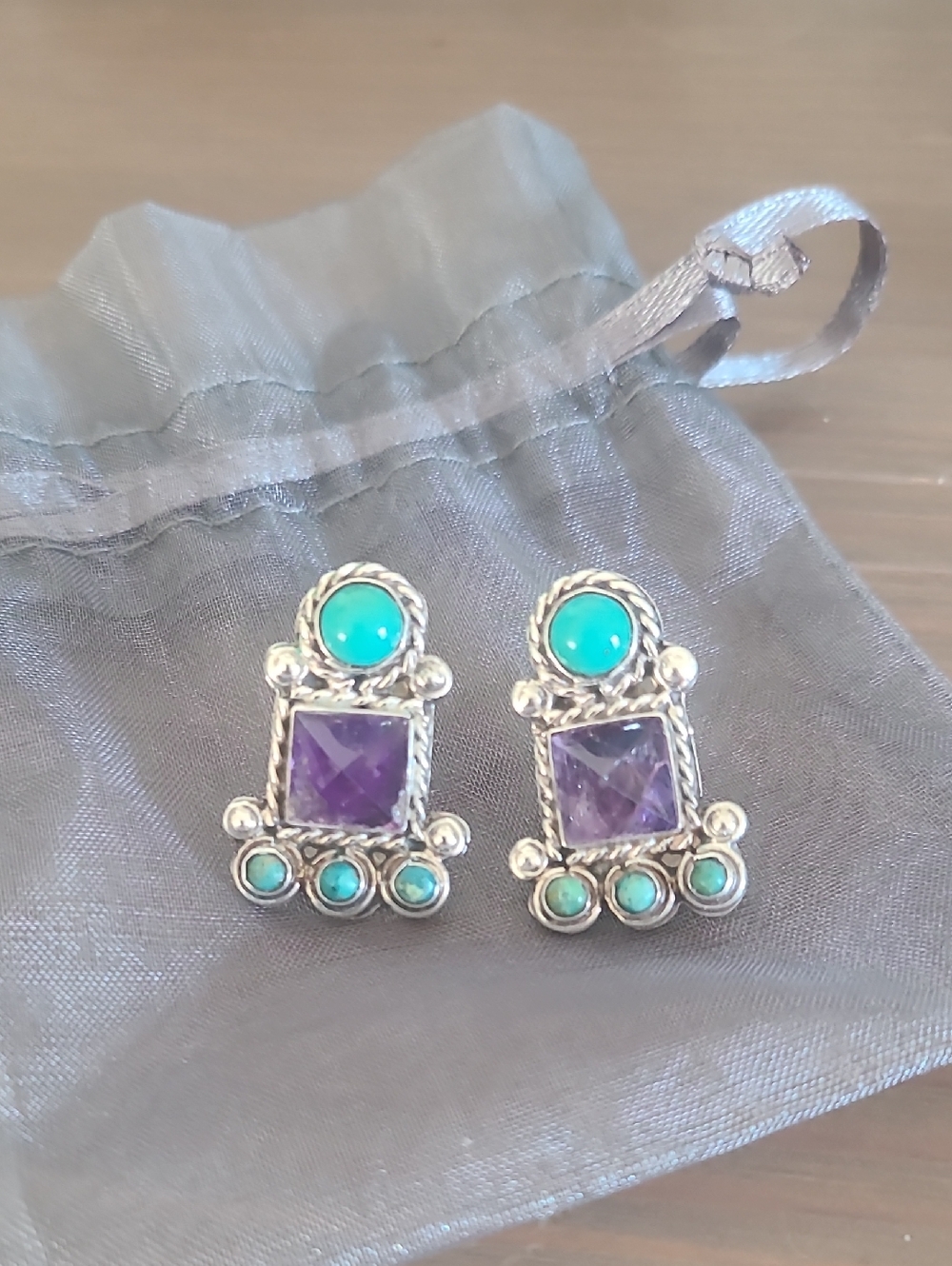 Vintage MATL Matilde Poulat 925 Stamped Silver Turquoise & Amethyst Earrings